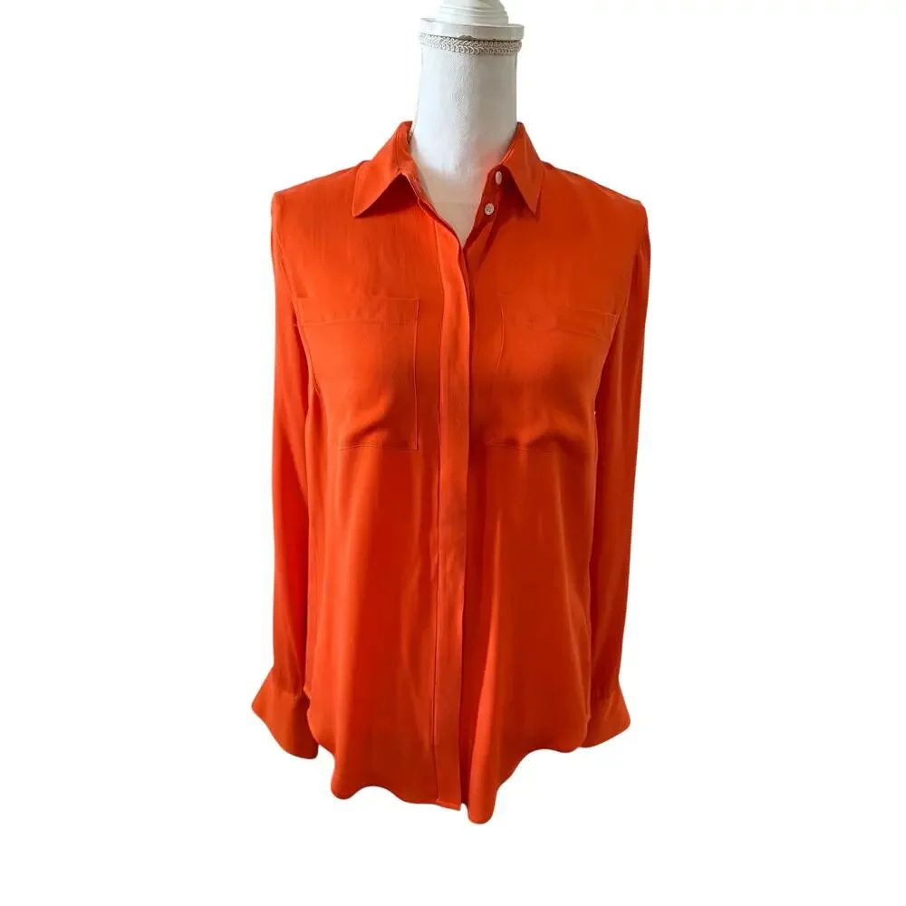 J Crew Silk Button Down Shirt Tangerine Orange 6